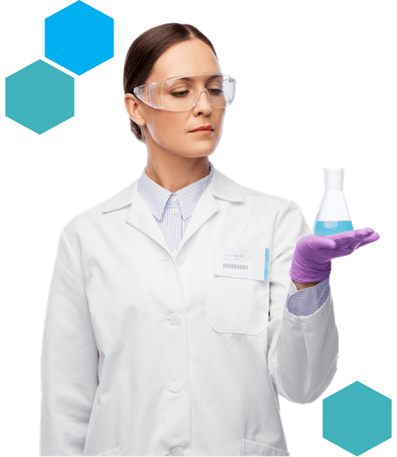 Scientist examining blue liquid in flask.